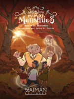 Ilustración de la portada del libro “Abuelos, niños y monstruos”, donde un abuelo y tres niños exploran un bosque al atardecer mientras una figura fantasmal aparece detrás de ellos.