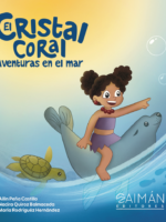 Portada del libro infantil "El Cristal Coral: Aventuras en el mar", donde Lucy, una niña con cabello rizado, monta sobre un manatí mientras una tortuga nada a su lado, en un mar vibrante de colores.