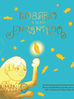Portada del libro infantil "Rosario y el Río Encantado", donde Rosario, una niña con cabello largo y expresión soñadora, extiende su mano hacia una hoja dorada que flota en un río mágico, rodeada de peces y hojas que brillan como estrellas.