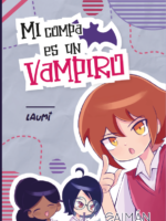 Portada del libro infantil "Mi Compa es un Vampiro", donde Cameron, un niño con ojos amarillos y una expresión de sospecha, señala con el dedo mientras sus compañeros de clase sonríen a su lado, sobre un fondo gris con diseños geométricos y un murciélago púrpura.
