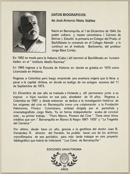 Contraportada del libro "Floro Manco: Pionero del Cine" con los datos biográficos del autor José Antonio Nieto Ibáñez, publicada por Ediciones Uniautónoma.