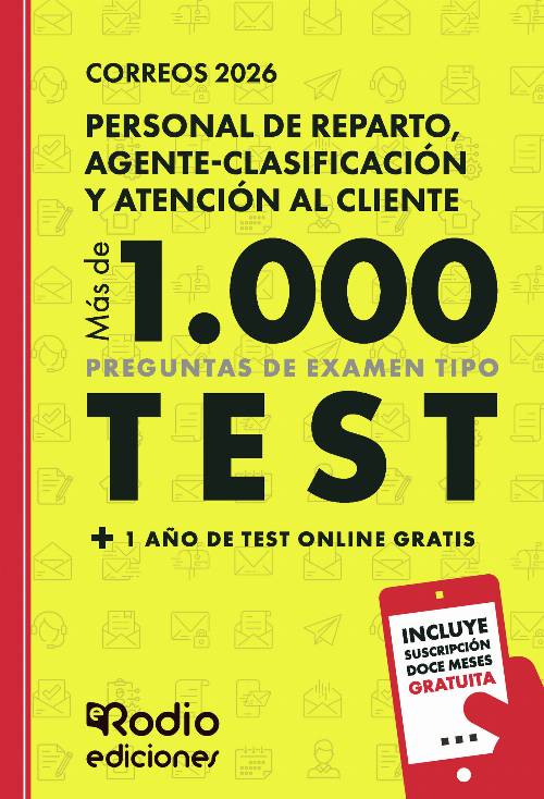 Correos 2026. MÁS DE MIL PREGUNTAS de examen tipo test + 1 año de test online gratis. Personal de Reparto, Agente-Clasificación y Atención al Cliente.